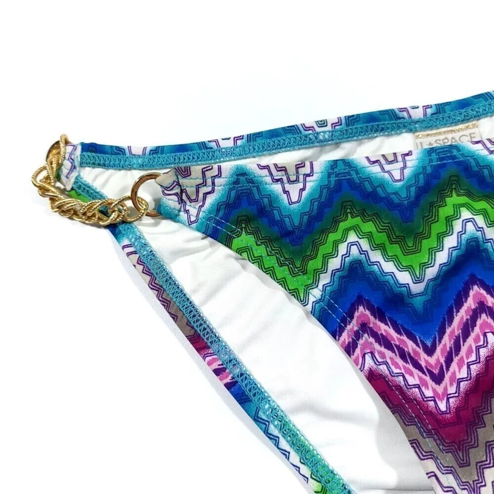 NEW L*Space Rope Chain Strape Bikini Bottom Blue Green Boho Chevron Print Small